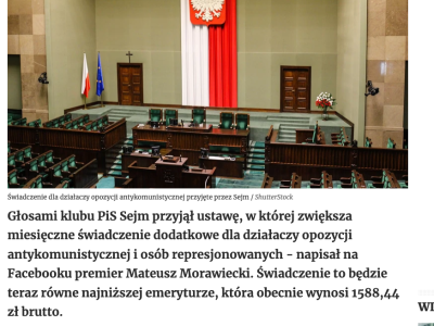Świadczenie dla działaczy opozycji antykomunistycznej przyjęte przez Sejm 