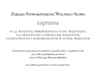 Czterdziesta pierwsza rocznica wprowadzenia stanu wojennego – zaproszenie na obchody 2