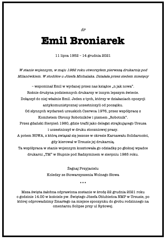 Nekrolog Emila Broniarka SWS