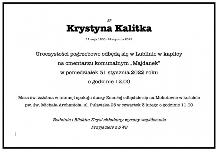 Nekrolog Krysia Kalitka