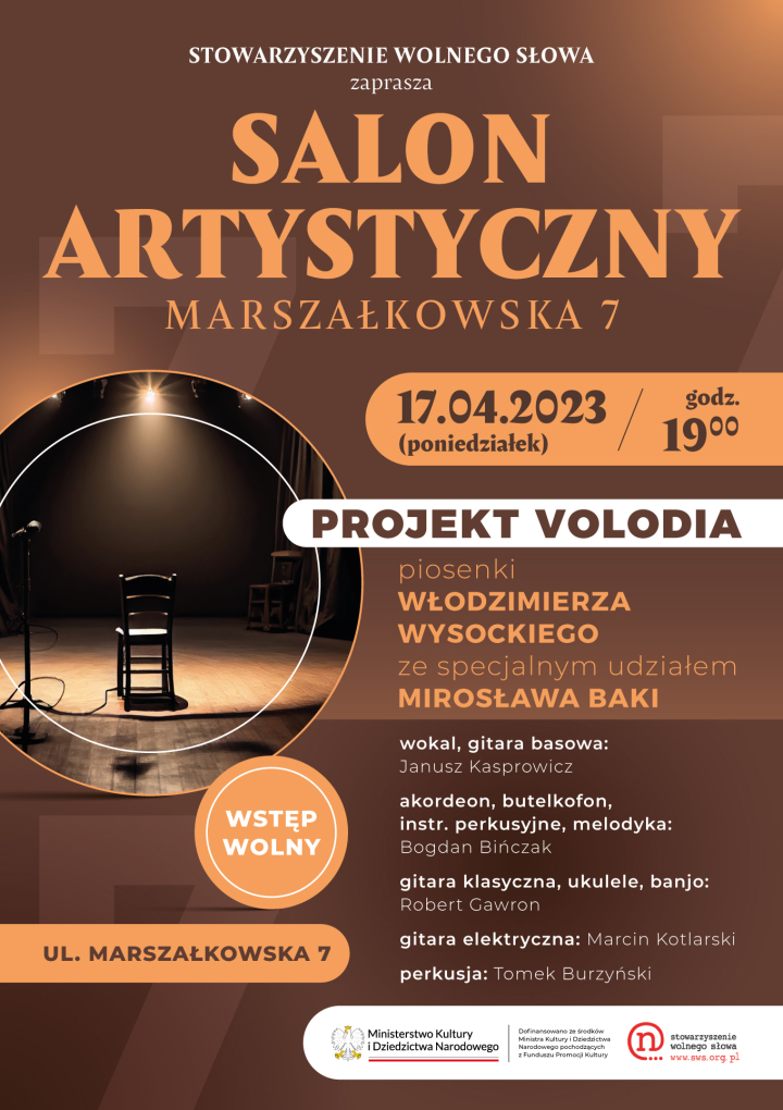 ZAPROSZENIE: „NOWE BRZMIENIE WŁODZIMIERZA WYSOCKIEGO”– Salon Artystyczny Marszałkowska 7 (edycja 2023) – Poniedziałek 17kwietnia o 19.00