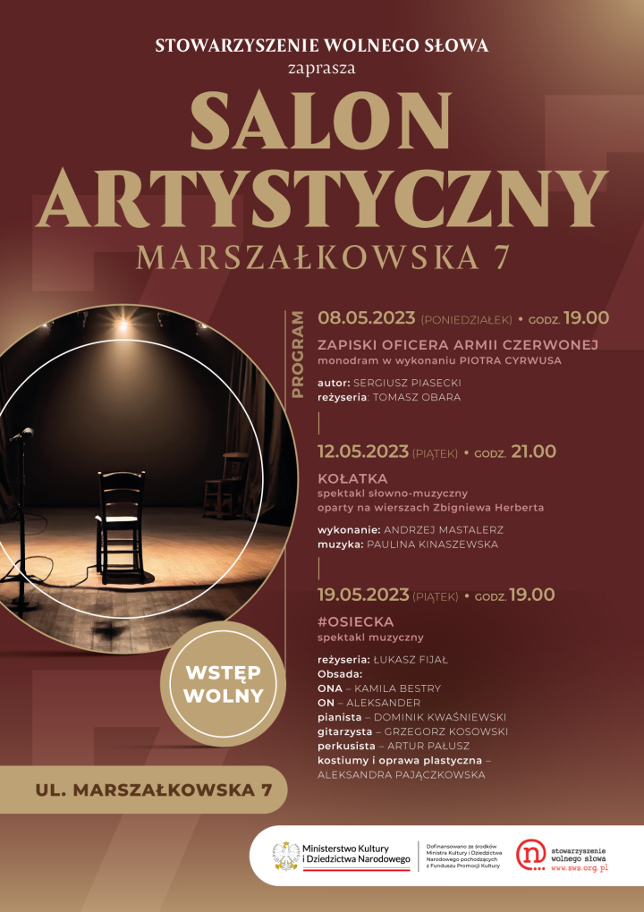 Salon artystyTeatralny maj na Marszałkowskiej zero siedem – Zapraszamy! Pierwszy spektakl w poniedziałek 8 maja o 19.00czny